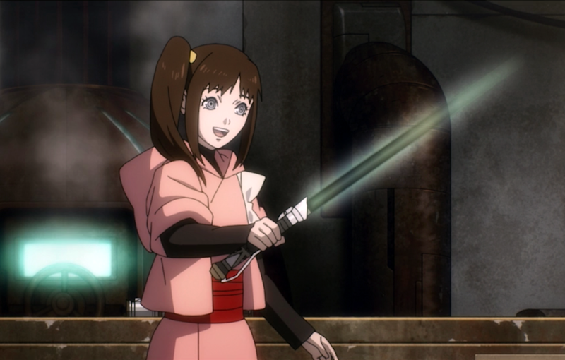 Kara from Star Wars Visions holding up her lightsaber.